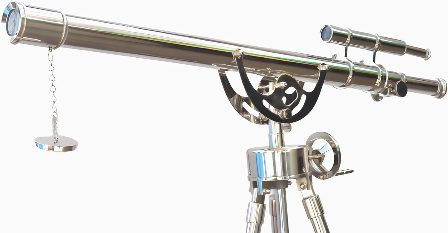 May include: A polished silver telescope with a tripod base. The telescope has a long barrel with a small chain and weight hanging from it. A smaller scope is mounted on top. The tripod has adjustable legs and a focus wheel.