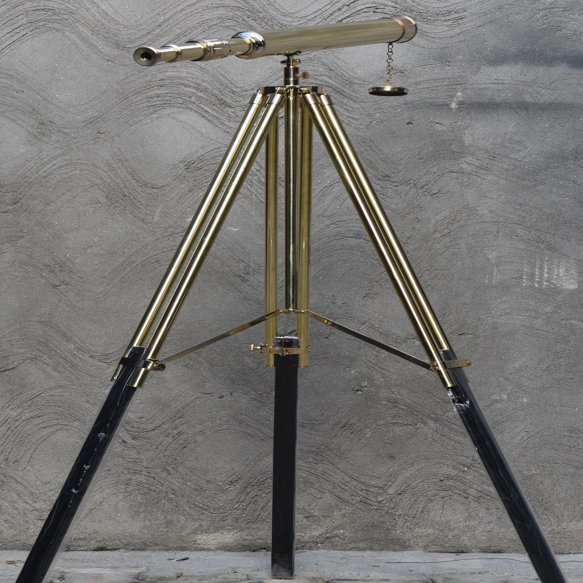 Nautical Brass Telescope with Wood Tripod Stand Maritime Decor, Vintage Floor Telescope, Coastal Home