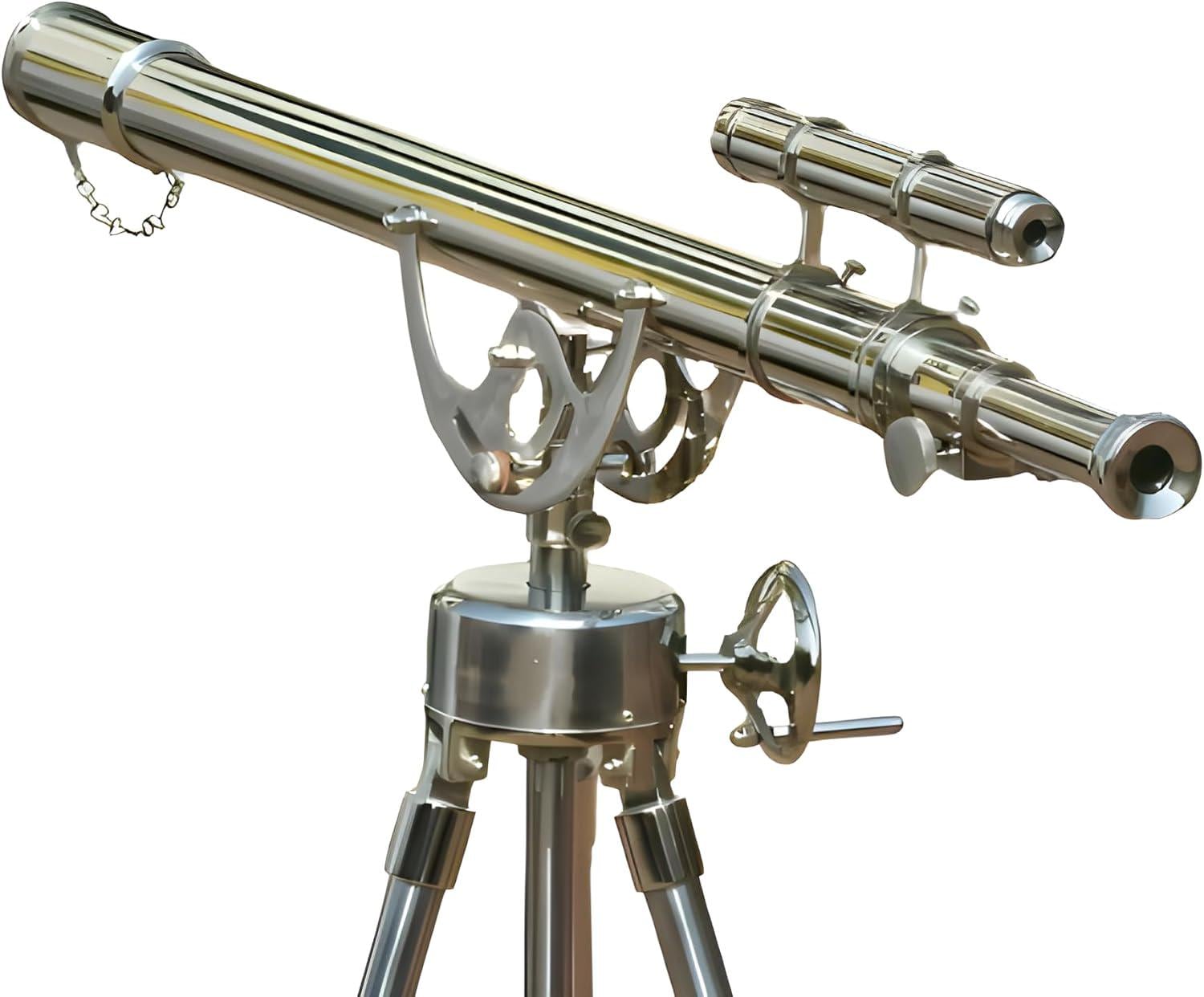 May include: A polished silver telescope with a tripod base. The telescope has a long barrel with a smaller sighting scope attached. It features intricate metalwork and a chain detail, suggesting a nautical or vintage theme.