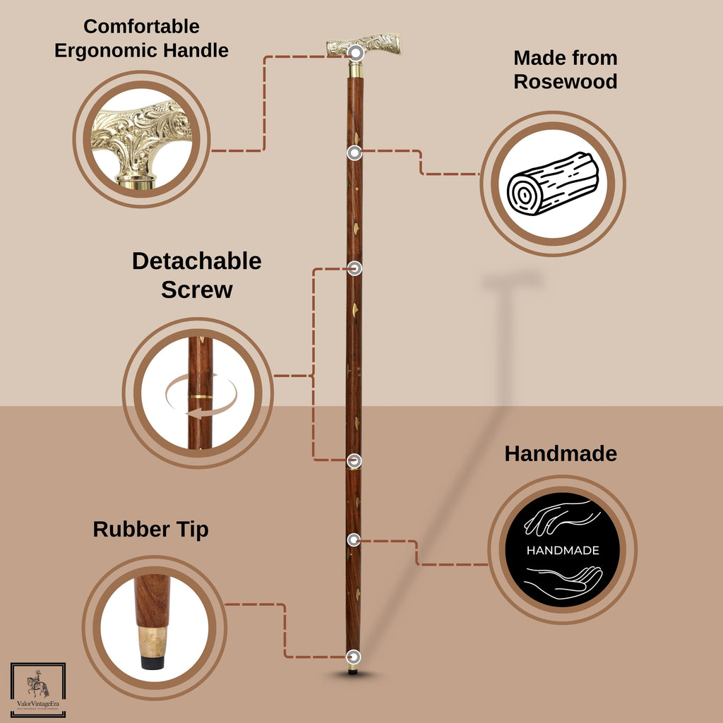 May include: A handmade walking stick with a comfortable ergonomic handle and a rubber tip. The stick is made from rosewood and features a detachable screw. The handle is gold-coloured and the stick is brown.