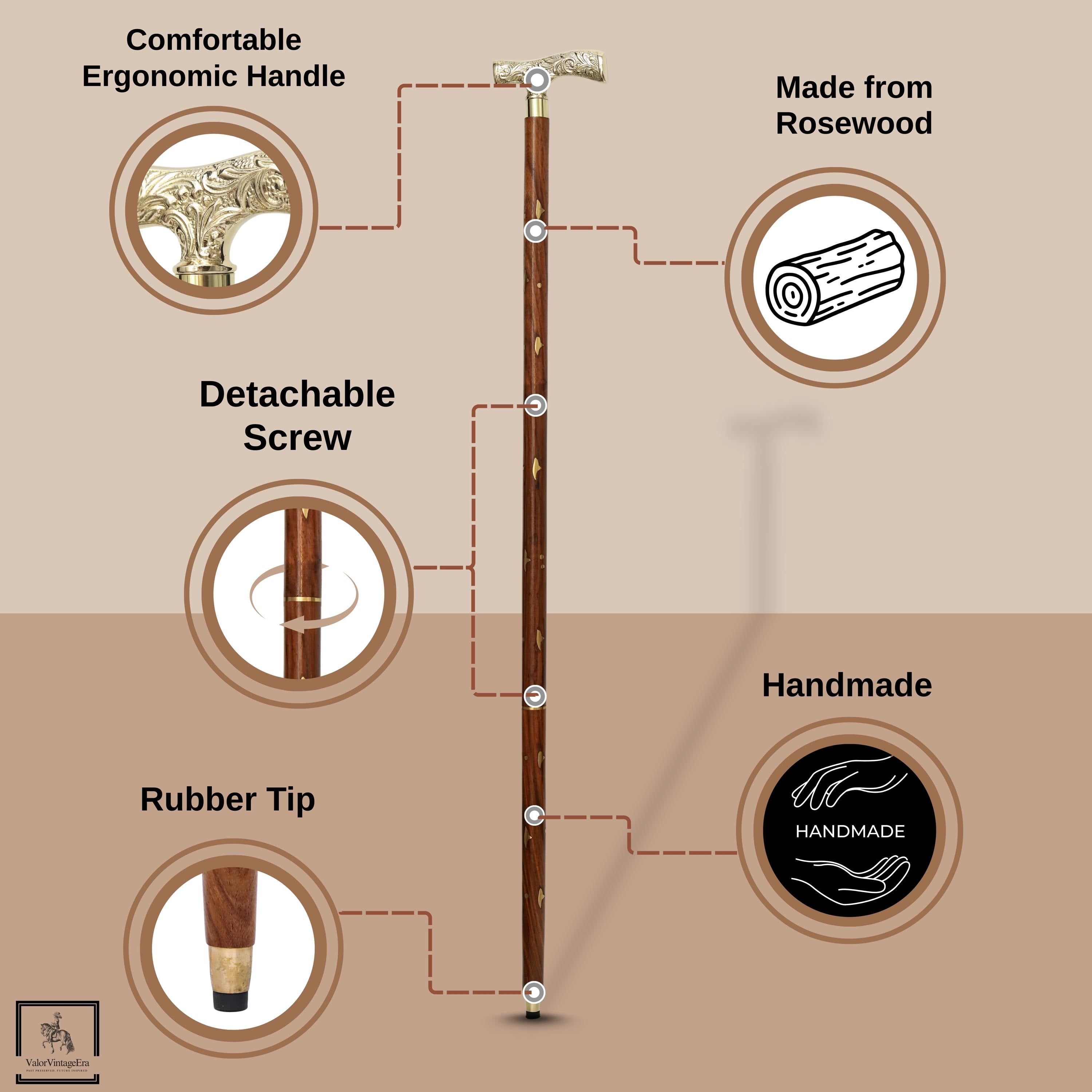 May include: A handmade walking stick with a comfortable ergonomic handle and a rubber tip. The stick is made from rosewood and features a detachable screw. The handle is gold-coloured and the stick is brown.
