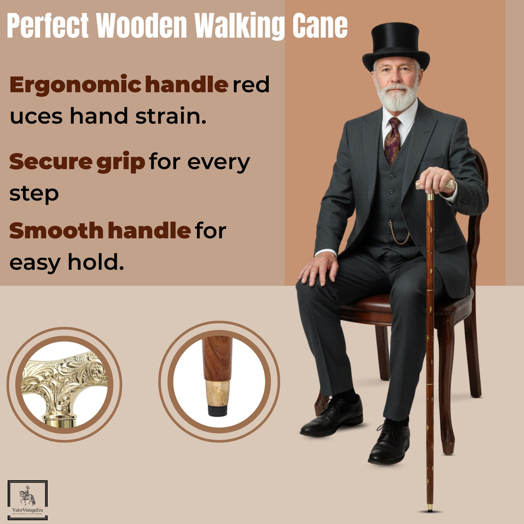 May include: A wooden walking cane with a dark brown shaft and a decorative gold-coloured handle. The cane has a brass ferrule at the bottom. The image includes text that reads "Perfect Wooden Walking Cane".