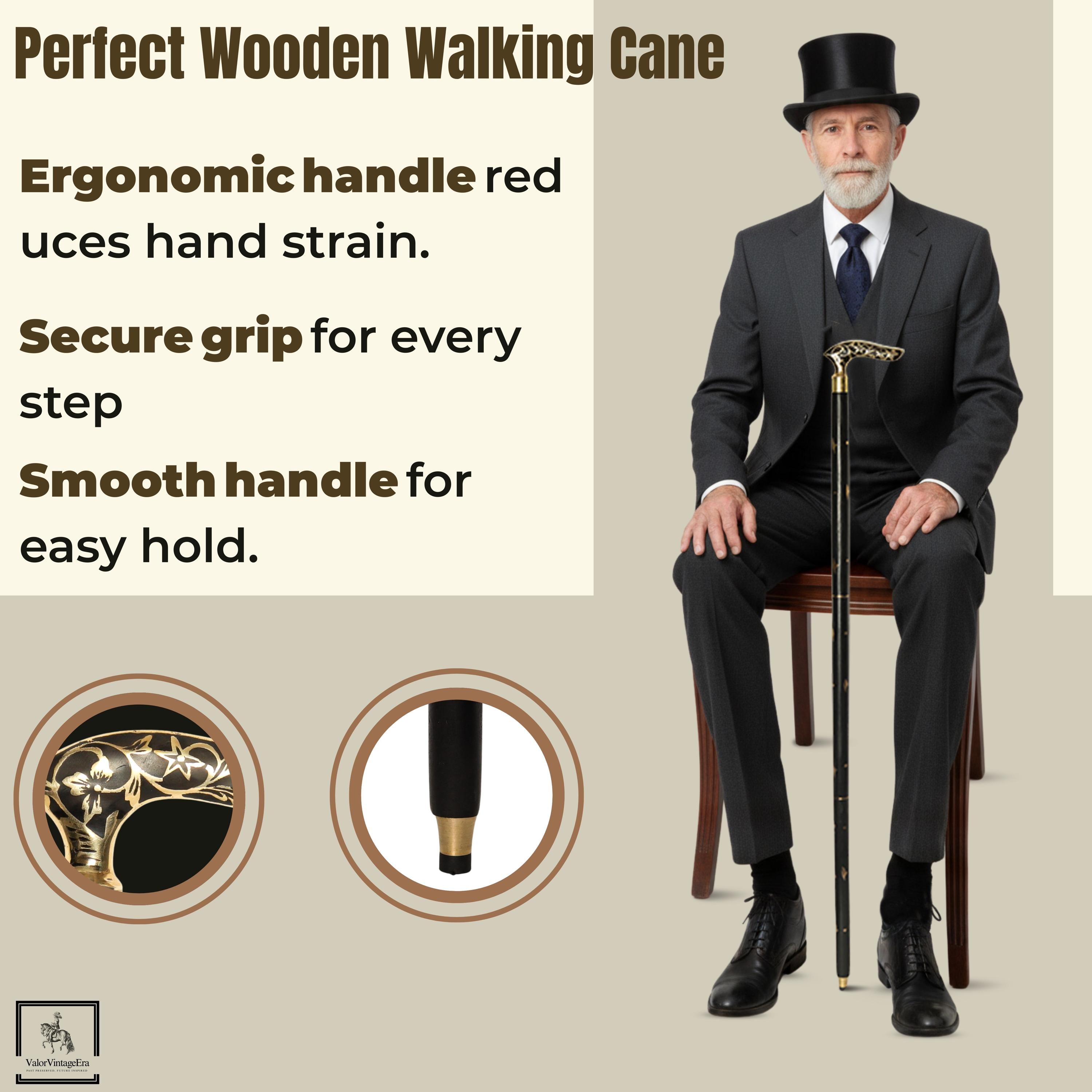 May include: A black wooden walking cane with a gold-colored handle and tip. The cane is held by a person wearing a suit and top hat. Text on the left reads "Perfect Wooden Walking Cane" and describes features like an ergonomic handle.