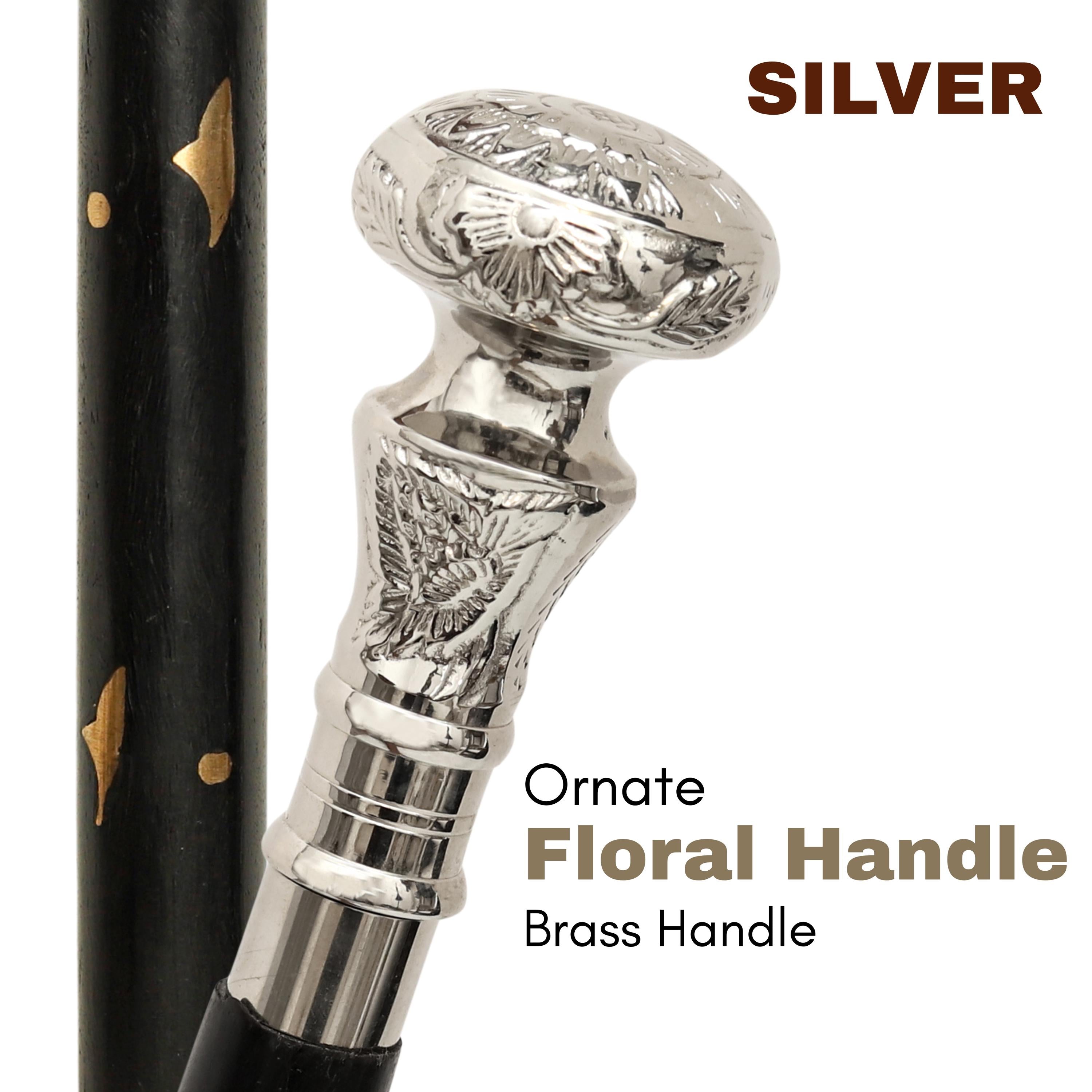 Handmade Wooden Walking Cane | Vintage Brass Handle, Hiking Stick Silver Handle Stick