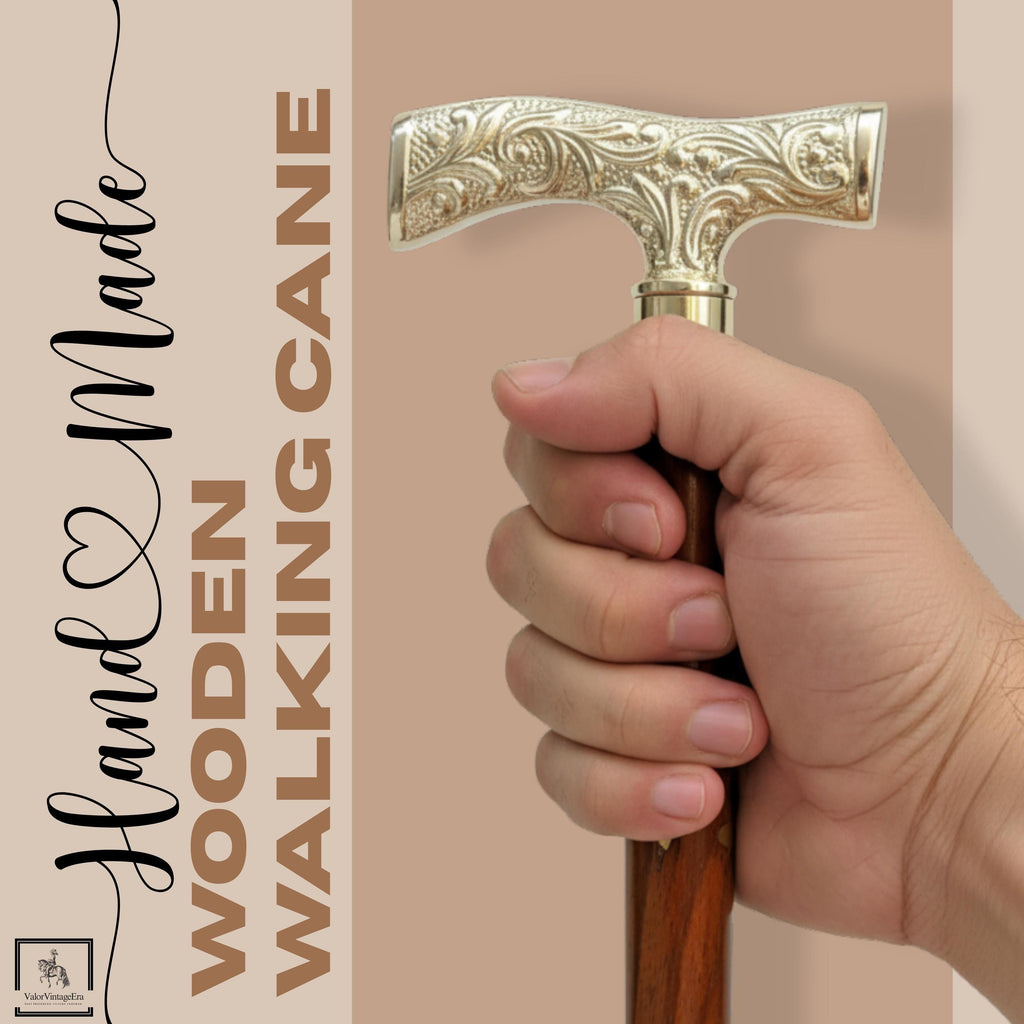 May include: Hand Made Wooden Walking Cane. The cane has a decorative silver-coloured handle with an ornate floral design. The wooden shaft is a dark brown colour. The text "Hand Made Wooden Walking Cane" is visible in the image.