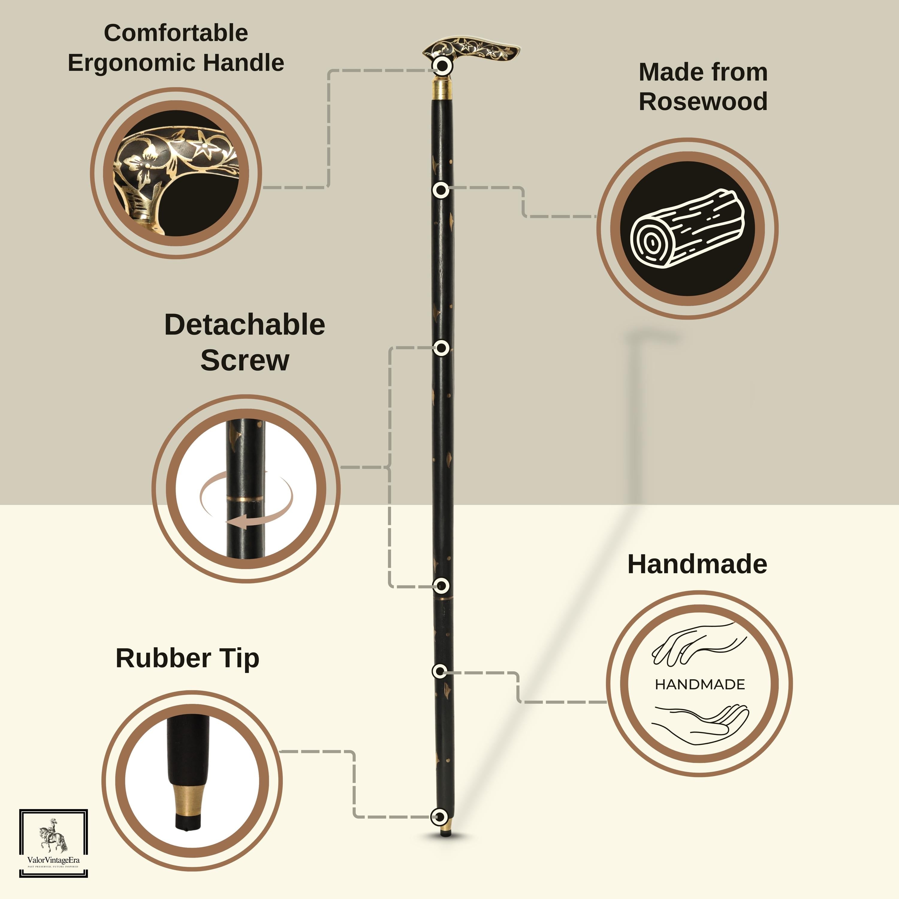 May include: A black and gold walking cane with a comfortable ergonomic handle and a rubber tip. The cane is made from rosewood and features a detachable screw. The cane is handmade.