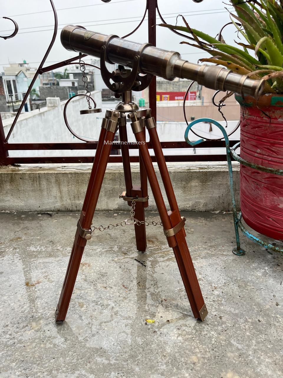 Handmade Vintage Brass Telescope with Wooden Tripod Nautical Spyglass Decor Maritime Home Accent