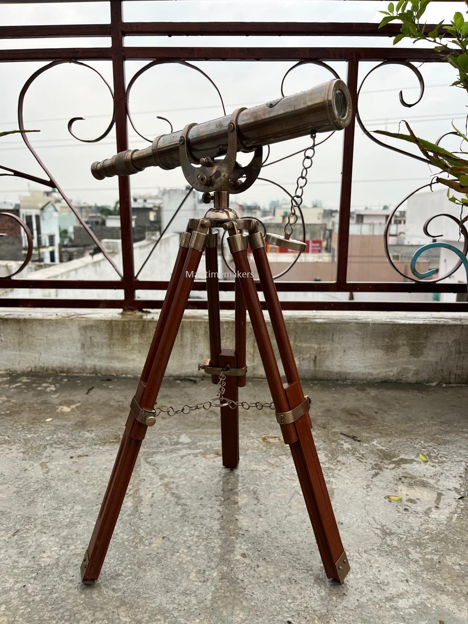 Handmade Vintage Brass Telescope with Wooden Tripod Nautical Spyglass Decor Maritime Home Accent