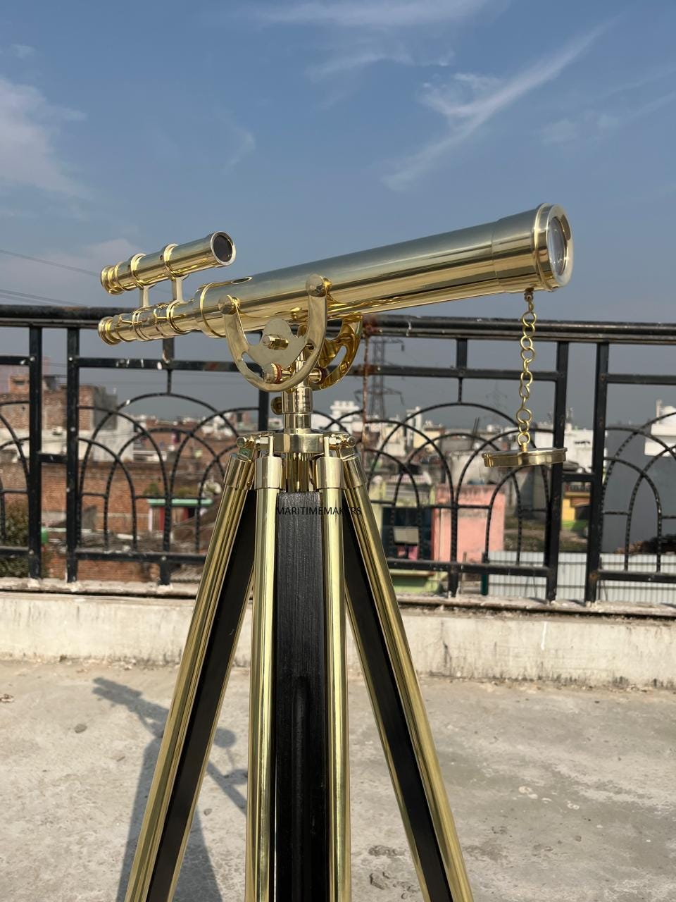 Vintage Brass Telescope on Wooden Tripod Nautical Decor, Maritime Collector Telescope, Antique-Style Gift image 2